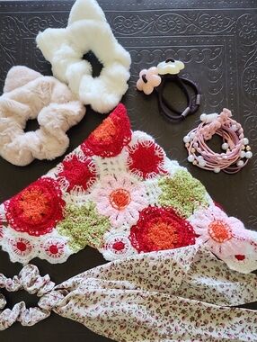 Floral Crochet Bandana with Pink Hair Accessories Set